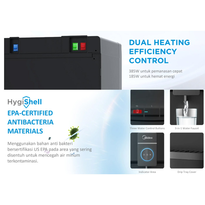 Midea Dispenser Standing Galon Bawah Anti Bakteri Hitam - YD2036BUV | YD 2036 BUV